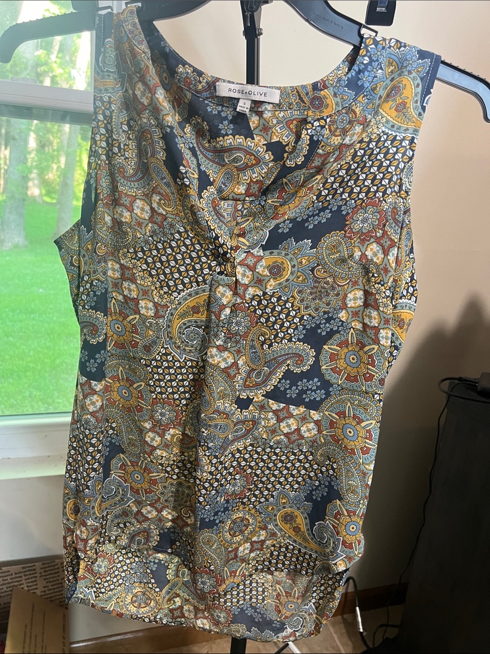 Rose & Olive Navy Paisley Print tunic  with Gold and Rust Accents 2104